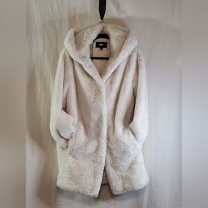 DKNY XS Oversized Off-White Faux Fur Parka Coat Satin Lined Hooded